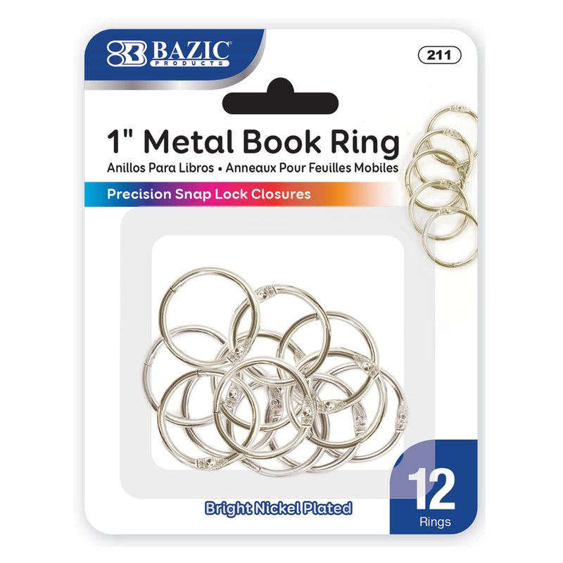 Bazic Products حلقة مجلد بزايس بحجم 1 إنش، حلقات كتب، حلقة معدنية مطلية بالنيكل للبطاقات الومضية، بطاقة الفهرس، سلسلة المفاتيح (12/عبوة)، عبوة واحدة - Image 1